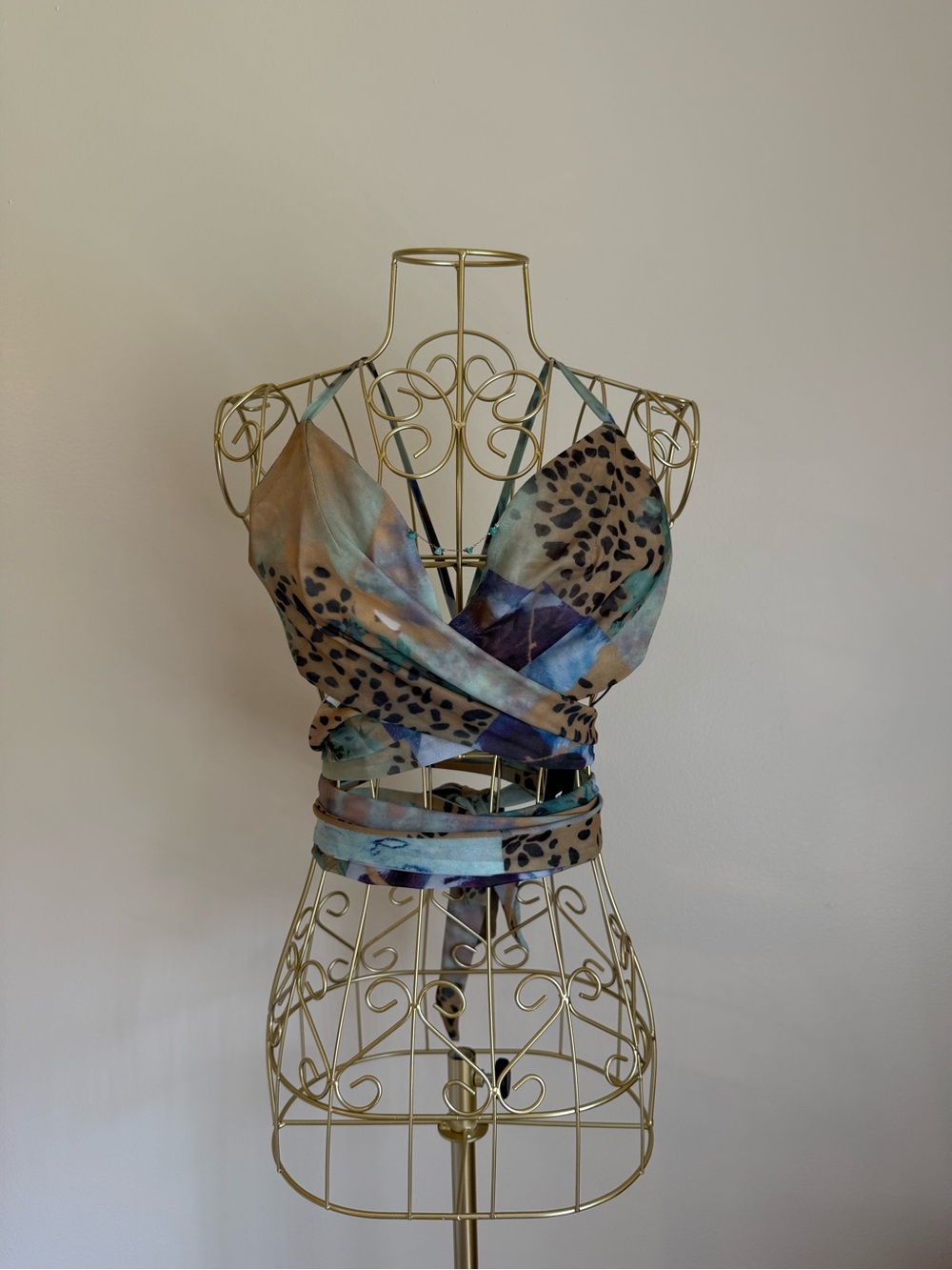 Fashion Nova Blue Tan Cream and Black Animal Print Wrap Crop Top